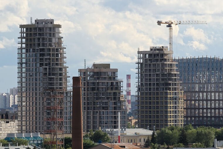 Highrise construction site with a tower crane