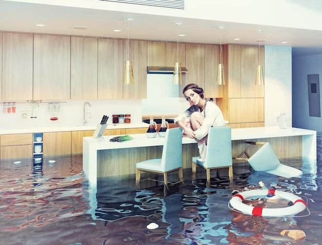 Flooded kitchen inside a home