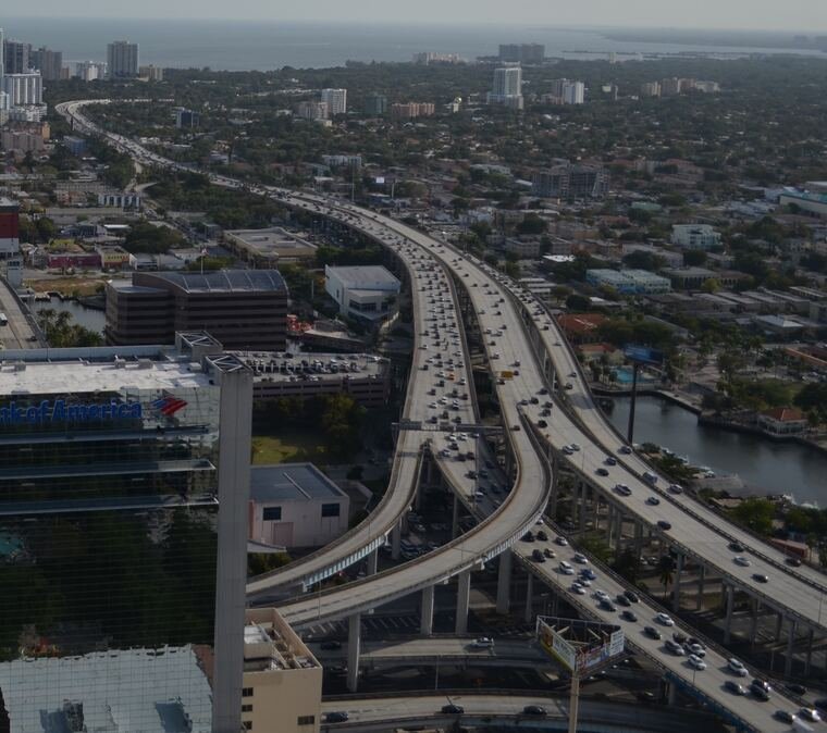 Aerial view of Interstate 95 traffic through Miami