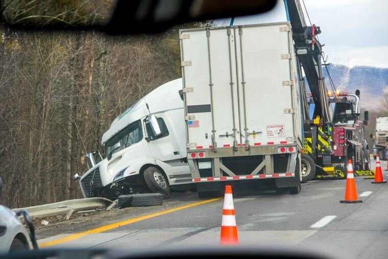 Overturned semi truck on a highway after a serious crash