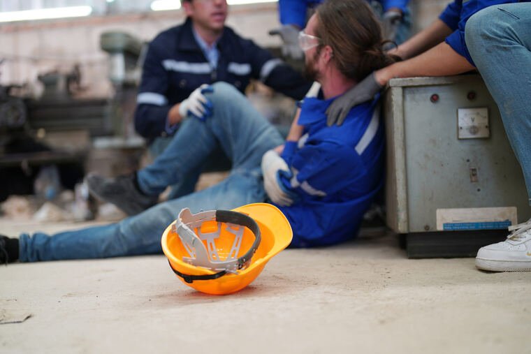 Injured construction worker on the floor of a job site next to his hard hat